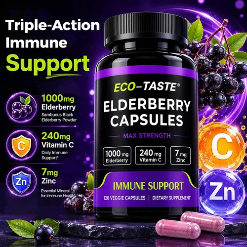 Vista 2 de ECO-TASTE Cápsulas de saúco con zinc y vitamina C, 120 cápsulas, bayas de saúco Sambucus para apoyo inmunológico, salud de la piel, cápsulas