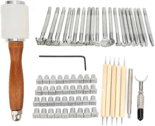 Vista 5 de Leather Sculpture Stamping Tools Kit, Professional Leather Working Tools, 21 Patterns with English Letters and Numbers, DIY Leather Craft Set for