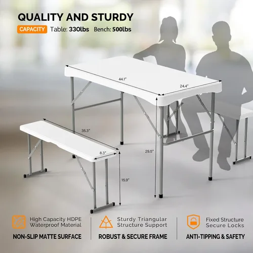 Vista 4 de VINGLI Juego de mesa de picnic con 2 bancos, juego de sillas de mesa de campamento de 6 pies, material HDPE resistente con marco de metal, muebles