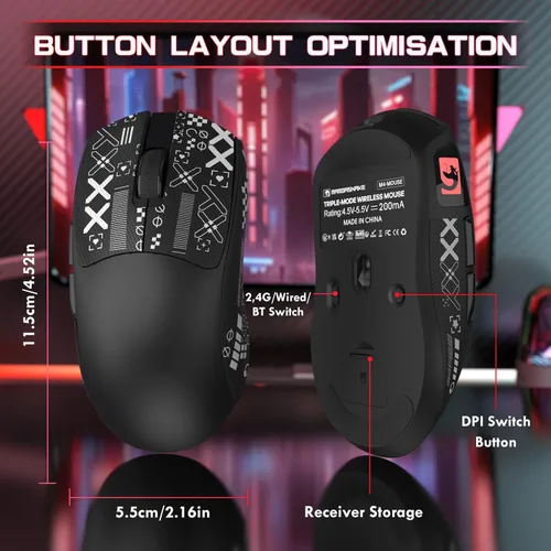 Vista 9 de ATTACK SHARK × MAMBASNAKE M4 Mouse inalámbrico para juegos, 24000 DPI ajustable PAW3311 Sensor óptico, botones programados, 1.83 oz Ratones Negro