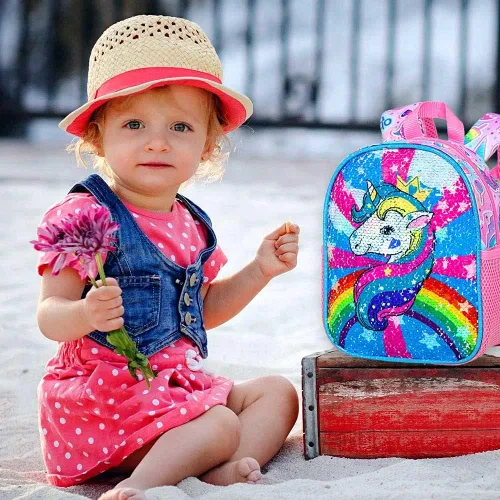 Vista 8 de AGSDON Mochila para niños pequeños con correa, 9.5 pulgadas, correas de seguridad de unicornio para bebé, bolsa de libros extraíble
