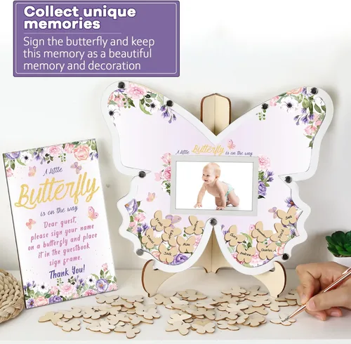 Vista 4 de 64 piezas de decoración de mariposa para baby shower, libros de invitados alternativas para baby shower de niña, letrero de madera para baby shower