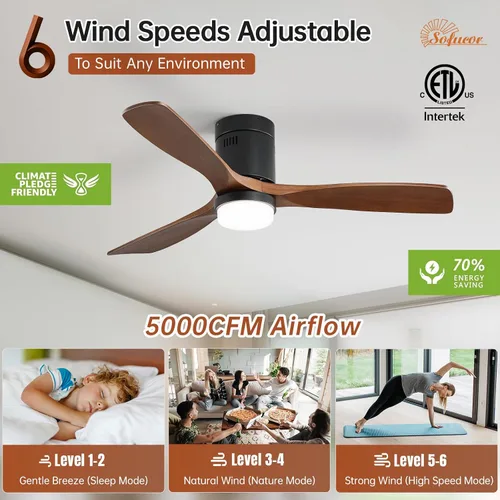 Vista 2 de Sofucor - Ventilador de techo empotrado y de varilla corta de 52 pulgadas con luz, ventilador de techo moderno de madera sólida con flujo de aire