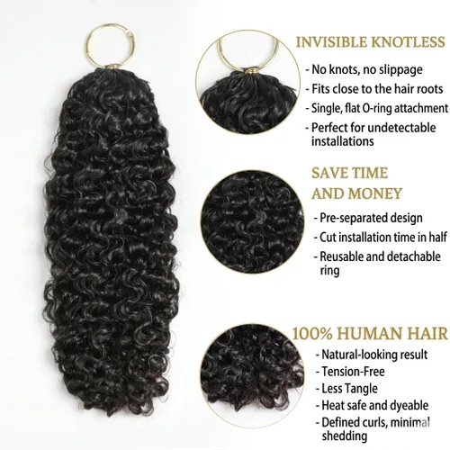 Vista 2 de Cabello humano rizado birmano de 12 pulgadas, 2.12 oz, sin nudos, con plumas previamente separadas, ligeras, reutilizables, extensiones de cabello