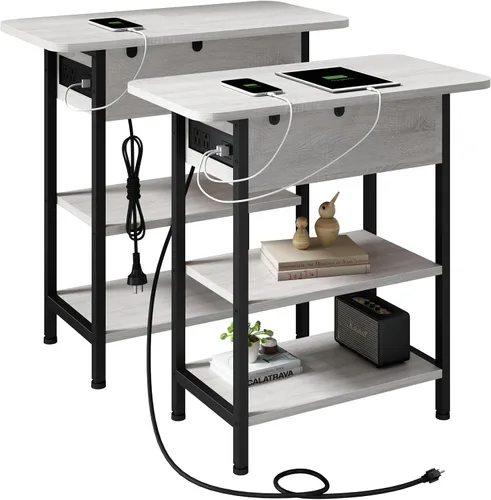 Vista 13 de LIDYUK Mesa auxiliar con estación de carga, mesa auxiliar abatible con puertos USB y tomas, mesita de noche para espacios pequeños, mesitas de noche