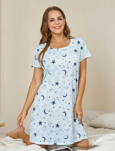 Vista 4 de PNAEONG - Camisón de algodón para mujer, de manga corta y con estampado, ropa de dormir informal