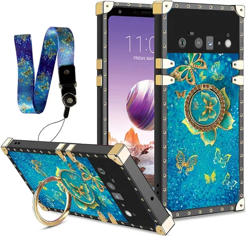 Vista 24 de nancheng Funda para Google Pixel 6 de lujo, diseño de abeja, corazón y abeja, chapado en oro, con anillo de diamante de 360°, correa de cordón