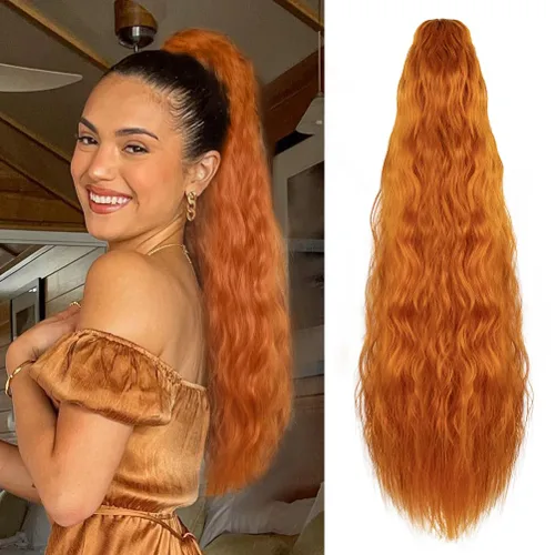 Vista 10 de YEAME Extensión de cola de caballo ondulada con clip de garra, cola de caballo de 22 pulgadas, pelo sintético castaño mezclado con rubio, cola