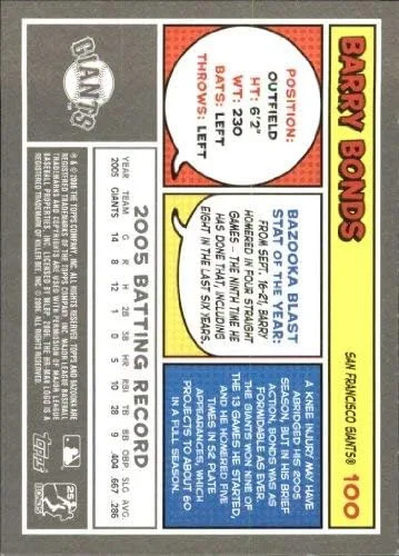 Vista 2 de 2006 Bazooka #100 Barry Bonds MLB Baseball Trading Card