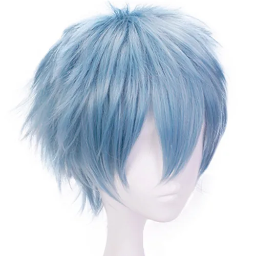 Vista 3 de ANOGOL - Peluca de cosplay de anime azul para hombre, peluca corta azul claro, pelo corto con puntas
