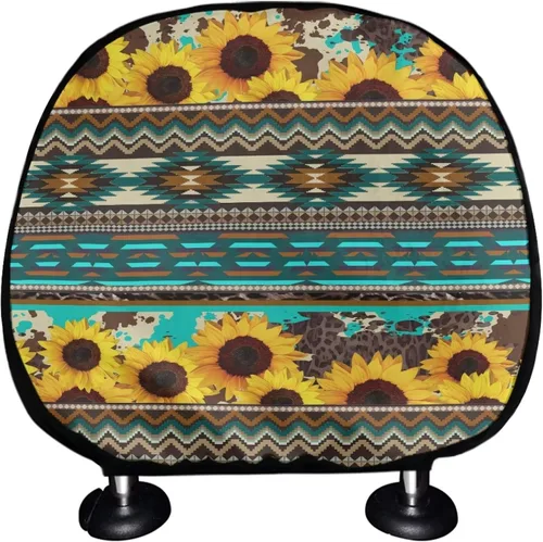 Vista 2 de Funda universal para reposacabezas de auto con estampado de vaca azteca, girasol, 2 piezas, funda universal para reposacabezas de asiento