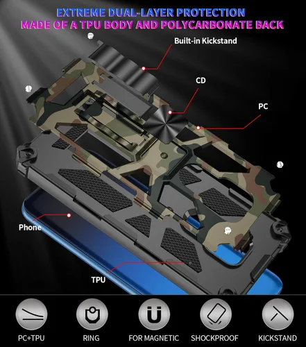 Vista 5 de Funda para Moto G Play 2021, grado militar, cubierta probada contra caídas, soporte integrado compatible con soporte magnético para automóvil, funda