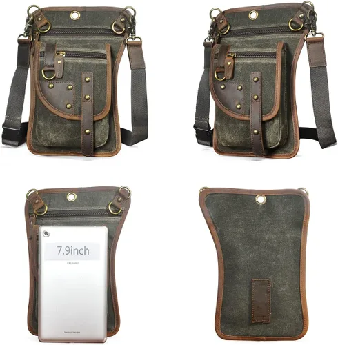 Vista 3 de Handadsume Lona resistente al agua + cuero para motocicleta, viajes, riñonera de viaje, bolsa de pierna para hombres y mujeres FB2141, 2141-El verde