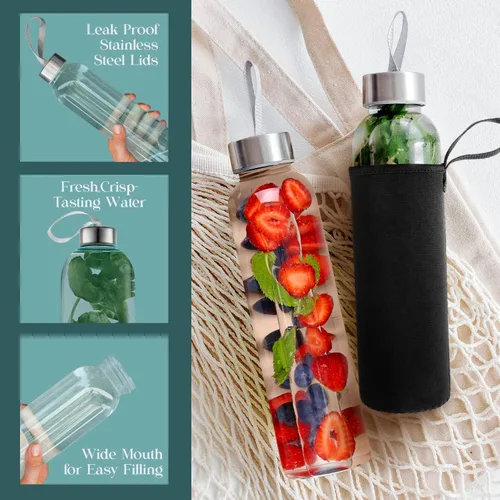 Vista 5 de Kitchen Lux Botellas de agua de vidrio de 24 onzas – Paquete de 4 – Fundas protectoras de nailon, tapas herméticas con rosca superior, bucles