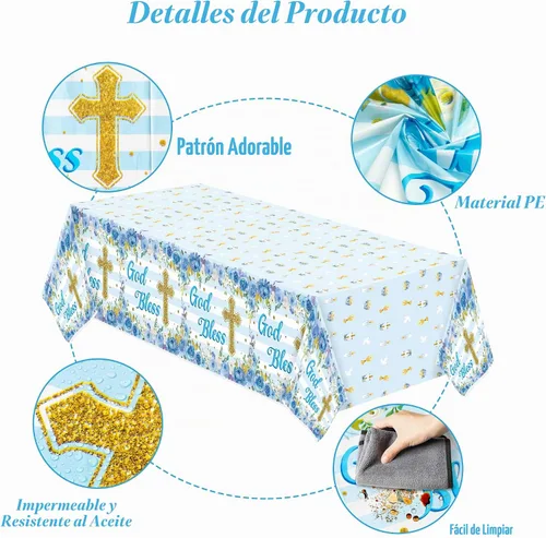 Vista 4 de Paquete de 3 manteles azules para fiesta de bautismo para bebé, decoración con temática de flores, desechables, de plástico, impermeables