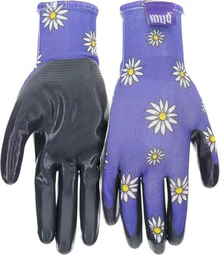 Vista 6 de MUD Guantes de jardinería con estampado de margaritas para mujer, con carcasa de poliéster y palma recubierta de nitrilo plano, Azul