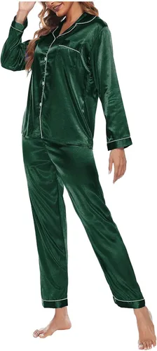 Vista 3 de symoid Conjunto de pijama de satén para mujer, con solapa y botones, elegante, de dos piezas, de seda, suave, color liso