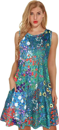 Vista 2 de elescat Vestidos de verano para mujer, estilo casual, sin mangas, estampado floral, holgado, con bolsillo