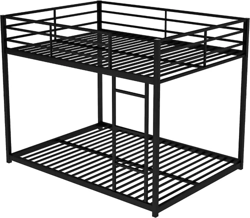 Vista 7 de Litera baja de tamaño matrimonial con escalera, litera de metal con barandillas de seguridad para niños, adolescentes y adultos, no requiere somier