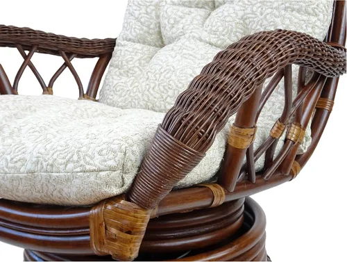 Vista 8 de Sillón mecedor giratorio Alexa color nogal oscuro, mimbre de ratán natural, diseño hecho a mano con cojín