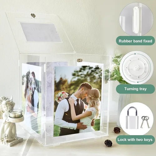 Vista 5 de OurWarm Caja de tarjetas de boda de acrílico con marco de fotos para fotos de 8 x 10 pulgadas, soporte grande giratorio para caja de regalo
