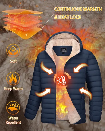 Vista 18 de MAGCOMSEN Chaqueta acolchada para hombre con capucha, forro de vellón, chaqueta térmica resistente al agua, chaqueta de plumón con cremallera