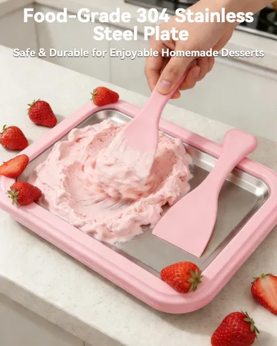 Vista 2 de Máquina de helados enrollada, placa manual de acero inoxidable para hacer rollos de helado con 2 raspadores, bandeja de postre congelado casera,