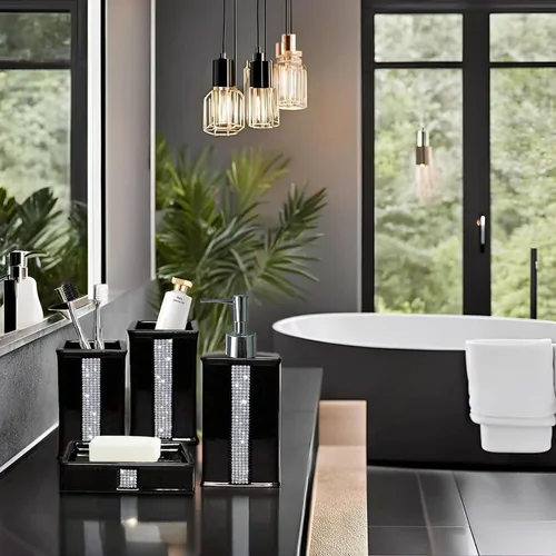 Vista 3 de Juegos de Accesorios de Baño para Baño, Juego de Dispensador de Jabón de Baño Negro, Bomba Dispensadora de Líquido de Cerámica, 2 Vasos Tumbler