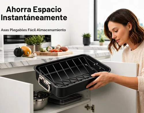Vista 9 de Moss & Stone Cacerola para asar de acero al carbono con juego de estante de asado removible en forma de "V", bandeja para asar rectangular de 16.5