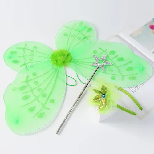 Vista 6 de Conjunto de diadema de alas de hada verde para niñas, varita de estrella y flores, accesorios de disfraz de princesa, disfraz de Halloween