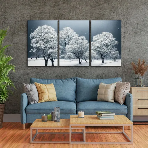 Vista 4 de YONICA Lienzo decorativo de 3 paneles para decoración de oficina en casa, hermoso paisaje con árboles nevados, impresiones en lienzo HD Giclée