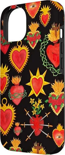Vista 2 de iPhone 14 Hearts Mexican Days of the Dead Latina Milagros Folk Art Fun Case
