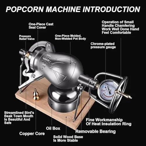 Vista 2 de Máquina de palomitas de maíz de mano de acero inoxidable vintage, máquina de palomitas de maíz con manivela manual para fiestas en casa, capacidad