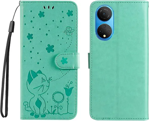 Vista 12 de Funda para Honor X7, diseño de estampado de gato y abejas de cuero de primera calidad, con función atril y cierre magnético