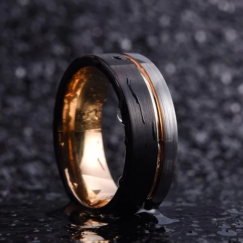 Vista 2 de King Will Loop. Anillo de boda de carburo de tungsteno de 0.2360.315de pulgada, con línea de oro rosa, anillo negro y plata cepillado, ajuste cómodo