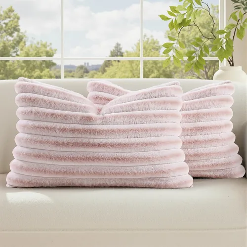 Vista 12 de decorUhome Fundas de almohada de piel sintética, juego de 2, decorativas, afelpadas, suaves, afelpadas, a rayas, parte posterior de terciopelo