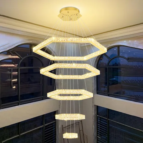 Vista 5 de Lámpara de araña moderna de 5 anillos de oro larga de cristal para techo alto, forma de altura ajustable, regulable 8 pulgadas + 16 pulgadas + 24