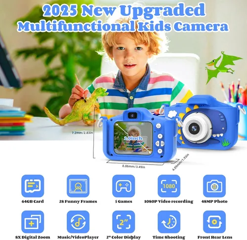Vista 2 de Cámara para niños de 3 a 8 años para niñas y niños, cámara de 48MP con doble lente 1080P para niños pequeños, videocámara digital para niños