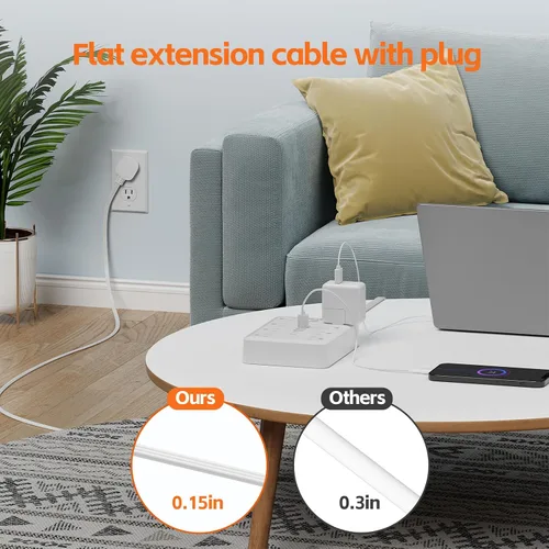 Vista 7 de Tira de alimentación ultra delgada con protector de sobrecarga y sobretensión, enchufe de pared plano con 8 tomas de CA y 6 USB (2 USB C)
