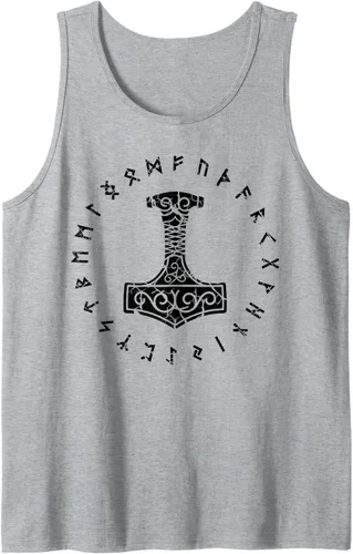 Vista 5 de Camiseta sin mangas vikingo nórdico Thors Hammer Mjolnir Elder Futhark Runes, Azul Blanco