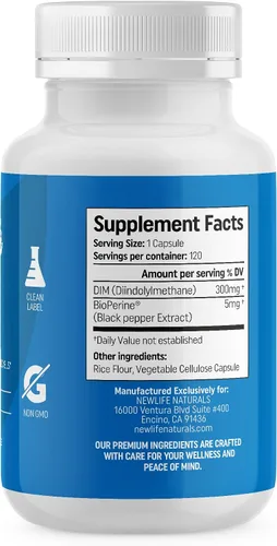 Vista 2 de NewLife Naturals Suplemento DIM de 300 mg, mujeres y hombres, acné hormonal y equilibrio, estrógeno, apoyo para la menopausia - Suministro para 120
