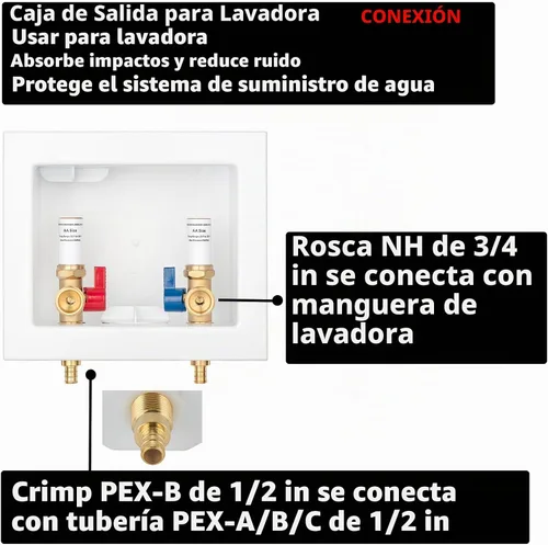 Vista 3 de Caja de salida de lavadora PEX-B con pararrayos de martillo de cobre, entrada 1/2 pulgada PEX-B Crimp Barb F1807 x Salida 3/4 pulgadas NH Rosca
