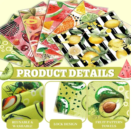 Vista 2 de Juego de 36 paños de cocina reutilizables de frutas, toallas de algodón lavables para el hogar (color fresco)
