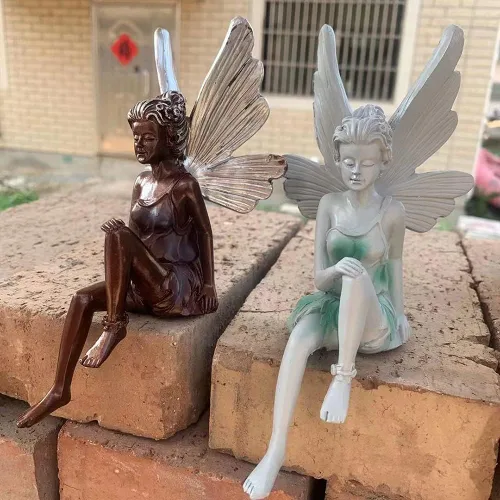 Vista 3 de Estatua de ángel para exteriores, 9 pulgadas, resina marrón, artesanía de ángel para el hogar, mesa, césped, patio, porche, patio, Navidad, regalos