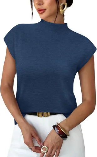 Vista 22 de Sampeel Suéter de manga corta para mujer, cuello alto, para verano, elegante, informal, básico, de punto