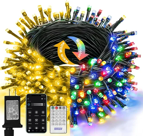 Vista 8 de Cadena de luces LED, 300 LEDs, 9.1 m/100 pies de luces de Navidad blancas cálidas impermeables con control remoto, cable transparente
