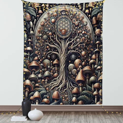 Vista 24 de Ambesonne Tapiz hippie, abrazo de hongos de ensueño y árbol de la vida místico y mandal verde, decoración de tela para colgar en la pared