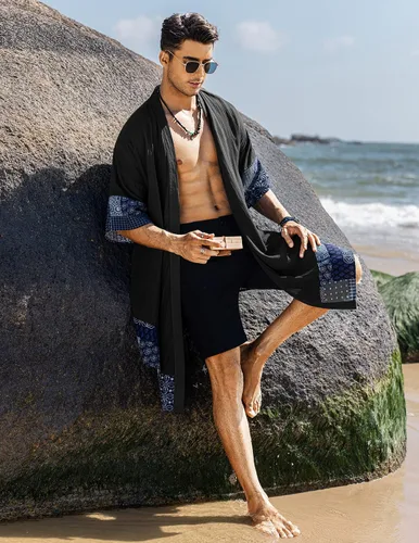 Vista 3 de COOFANDY Cárdigan de algodón con cuello de chal con volantes para hombre cárdigan largo tipo kimono