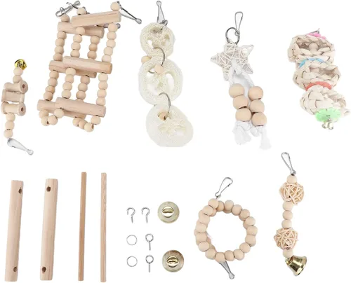 Vista 6 de Bird Cage Toys Set with Wooden Chewing Accessories Includes 8 pieces, Safe natural wood, Multilayer entertainment, Easy to install
