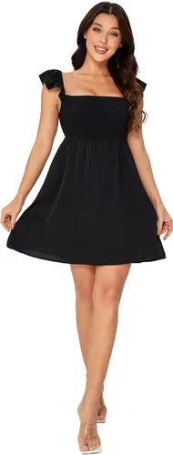 Vista 5 de WDIRARA Vestido corto con cuello cuadrado fruncido y mangas casquillo para mujer